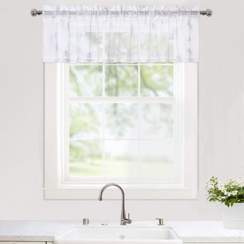 Leaf Embroidered Voile Sheer Kitchen Curtain Valance, White, 52" x 15", 1 of 6