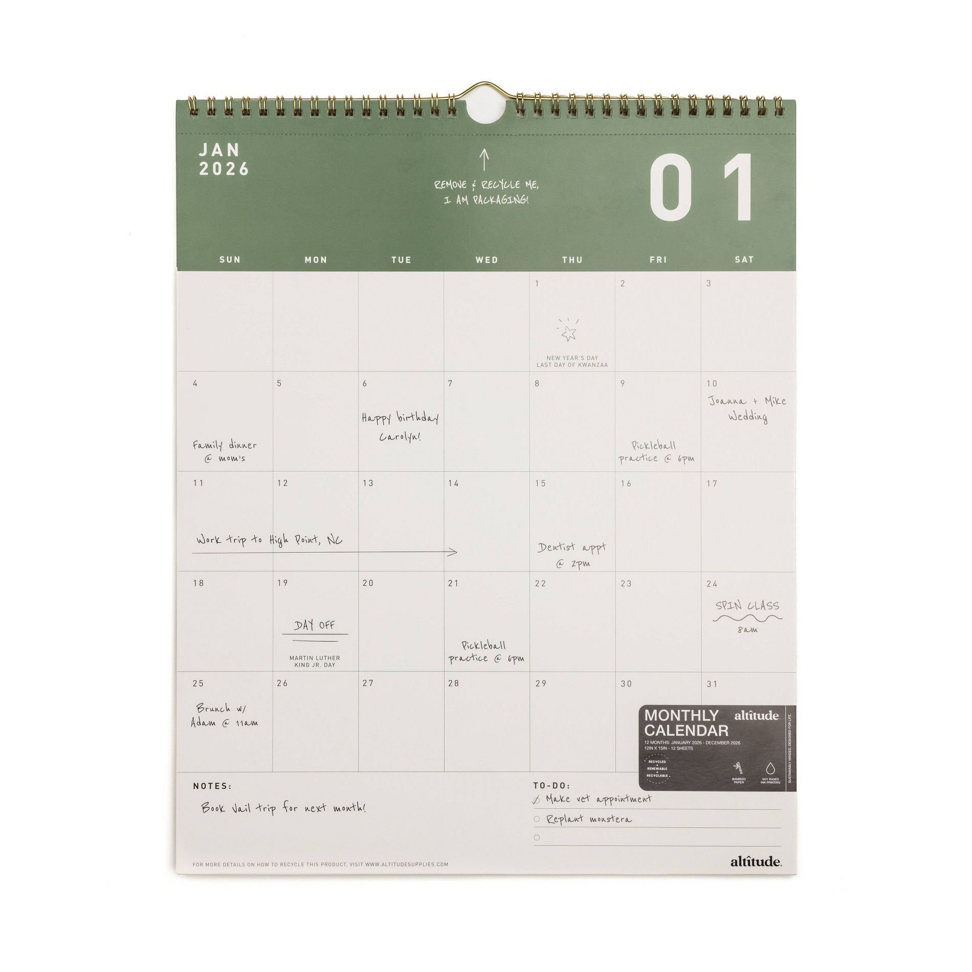 Altitude 2026 12 Months 12"x15" Wall Calendar Monthly Dark Sage
