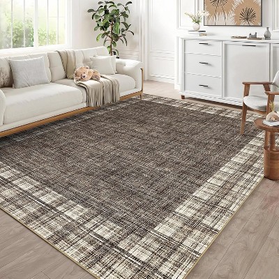 Modern Bordered Striped Runner Rug - Washable Stain Resistant Throw Carpet with Non-Slip Backing Low Pile Floor Cover for Hallway Laundry Bedroom