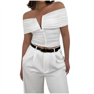 Women's Ruched Off The Shoulder V Neck Top - beige botany - 1 of 4