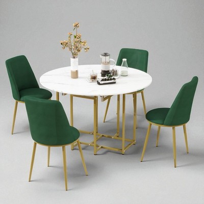 5-Piece Round Drop Leaf Dining Table Set, Faux Marble Top, 4 Upholstered Chairs, Compact Folding Kitchen Table Set with Metal Frame for Dining Room