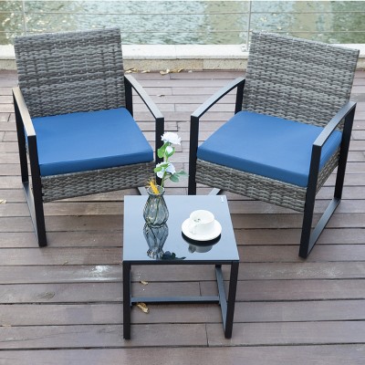 3-Piece Outdoor PE Wicker Patio Chair and Table Set with Washable Cushions for Balcony or Poolside-The Pop Home