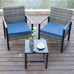 3-Piece Outdoor PE Wicker Patio Chair and Table Set with Washable Cushions for Balcony or Poolside-The Pop Home - 1 of 4