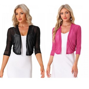INSPIRE CHIC Women's 3/4 Sleeve Open Front Mesh Sheer Chiffon Bolero Shrug 2 Packs - 1 of 4