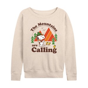 Women's - Peanuts - Mountains Are Calling Lightweight French Terry Wide Neck Long Sleeve Shirt - 1 of 4