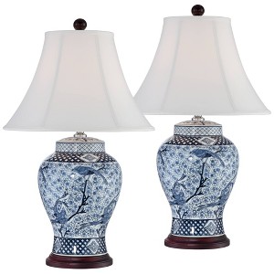 Barnes and Ivy Shonna Garden Bird 27" Tall Jar Traditional Table Lamps Set of 2 Blue Porcelain White Shade Living Room Bedroom Bedside Nightstand - 1 of 4