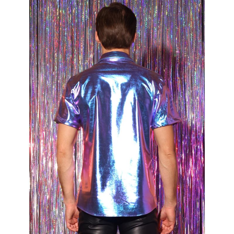 Lars Amadeus Men's Button Down Short Sleeves Shiny Metallic Holographic Shirt, 3 of 6