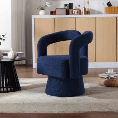 Okak Modern Fluffy Fabric 360° Swivel Chair Cuddle Barrel Chair with Soft Wide Cushion Accent Chair Round Armchair for Lounge Office Bedroom, Navy