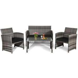 Tangkula 4-Piece Outdoor Patio Furniture Set Rattan Wicker Conversation Sofa Set Black - 1 of 4