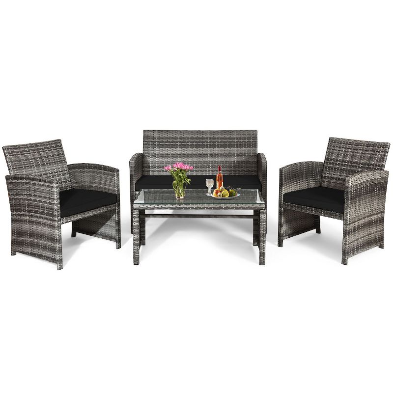 Tangkula 4-Piece Outdoor Patio Furniture Set Rattan Wicker Conversation Sofa Set Black, 1 of 8