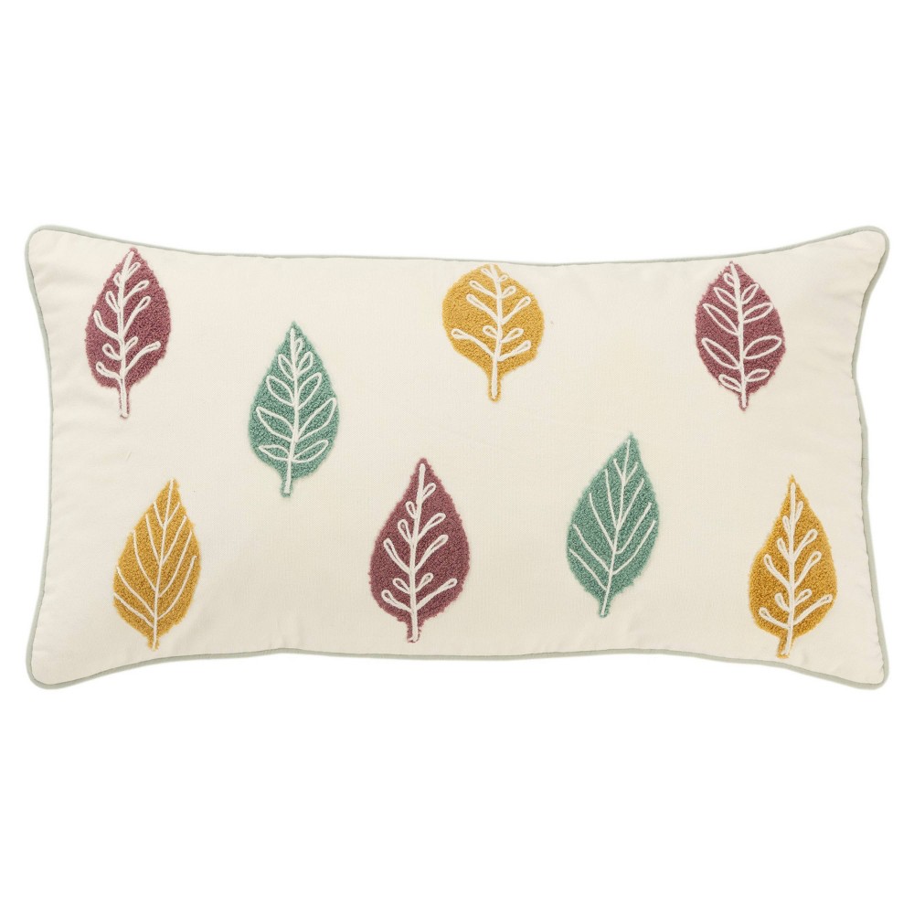 Photos - Pillow 14"x26" Oversized Leaves Lumbar Throw  Cover Ivory - Rizzy Home: Emb