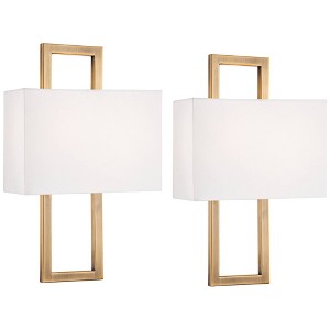 Possini Euro Design Modena Modern Wall Light Sconces Set of 2 French Brass Hardwire 9 1/2" Fixture Off White Faux Silk Shade for Bedroom Bathroom Home - 1 of 4