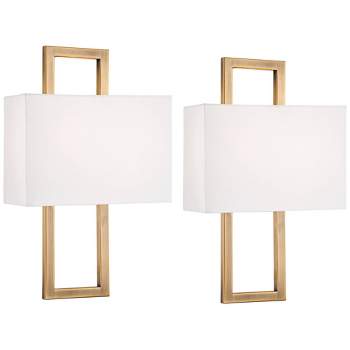 Possini Euro Design Modena Modern Wall Light Sconces Set of 2 French Brass Hardwire 9 1/2" Fixture Off White Faux Silk Shade for Bedroom Bathroom Home