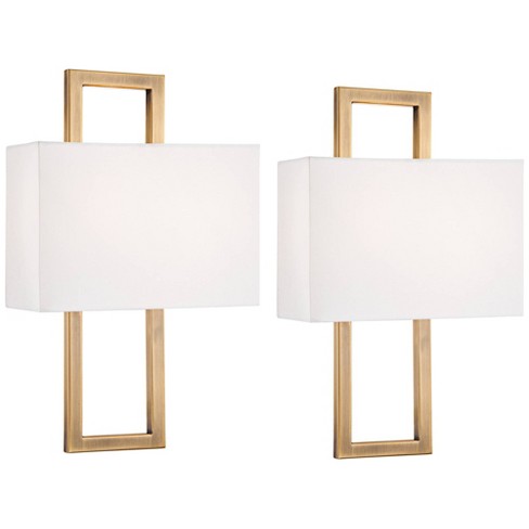 Possini Euro Design Modena Modern Wall Light Sconces Set Of 2 French Brass  Hardwire 9 1/2 Fixture Off White Faux Silk Shade For Bedroom Bathroom Home  : Target
