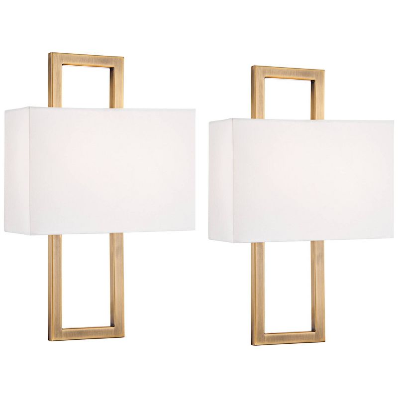 Possini Euro Design Modena Modern Wall Light Sconces Set of 2 French Brass Hardwire 9 1/2" Fixture Off White Faux Silk Shade for Bedroom Bathroom Home, 1 of 8