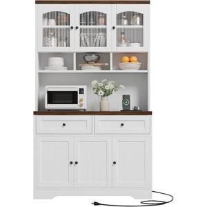 71" Pantry Cabinet with Charging Station - Farmhouse hutch includes microwave stand & storage drawers for kitchen/living/dining room. - 1 of 4