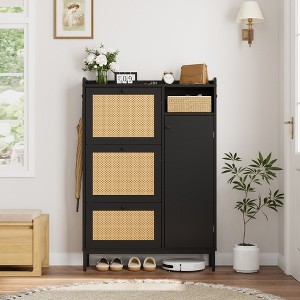 WhizMax Rattan Shoe Storage Cabinet with 3 Flip Drawers, Freestanding Organizer with Adjustable Shelves for Entryway, Narrow Shoe Rack Cabinet - 1 of 4