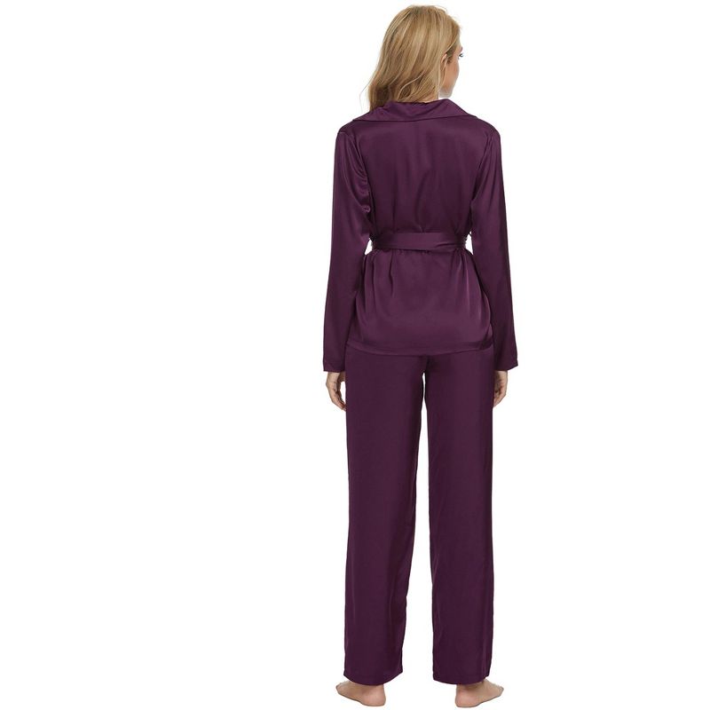 cheibear Womens Sleepwear V-Neck Tops with Belt Nightwear with Pants Loungewear Pajama Set, 3 of 6