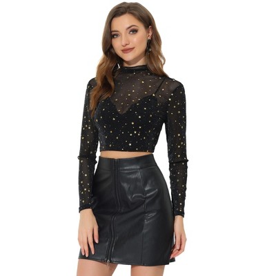 Allegra K Women S Mesh Crop Stars Mock Neck Party See Through Blouse