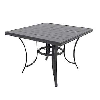 Four Seasons Courtyard Palermo Aluminum Slat Top Outdoor Square Patio Bistro Dining Table with Umbrella Hole and Tapered Leg Design, Gray