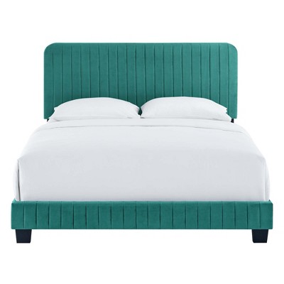 Teal Velvet Tufted Upholstered King Bed with Wood Frame