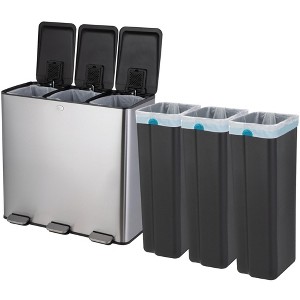 Home Zone Living 24 Gallon Wide Stainless Steel Triple Trash and Recycling Can with Removable Liners and Soft Close Lids, Silver - 1 of 4