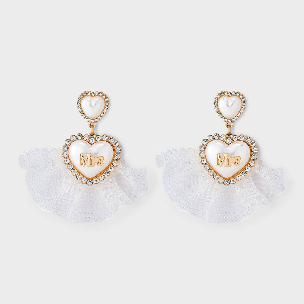 Photos - Earrings Bridal "Mrs" Heart Post Drop Earring with Tulle - White/Gold Pearl