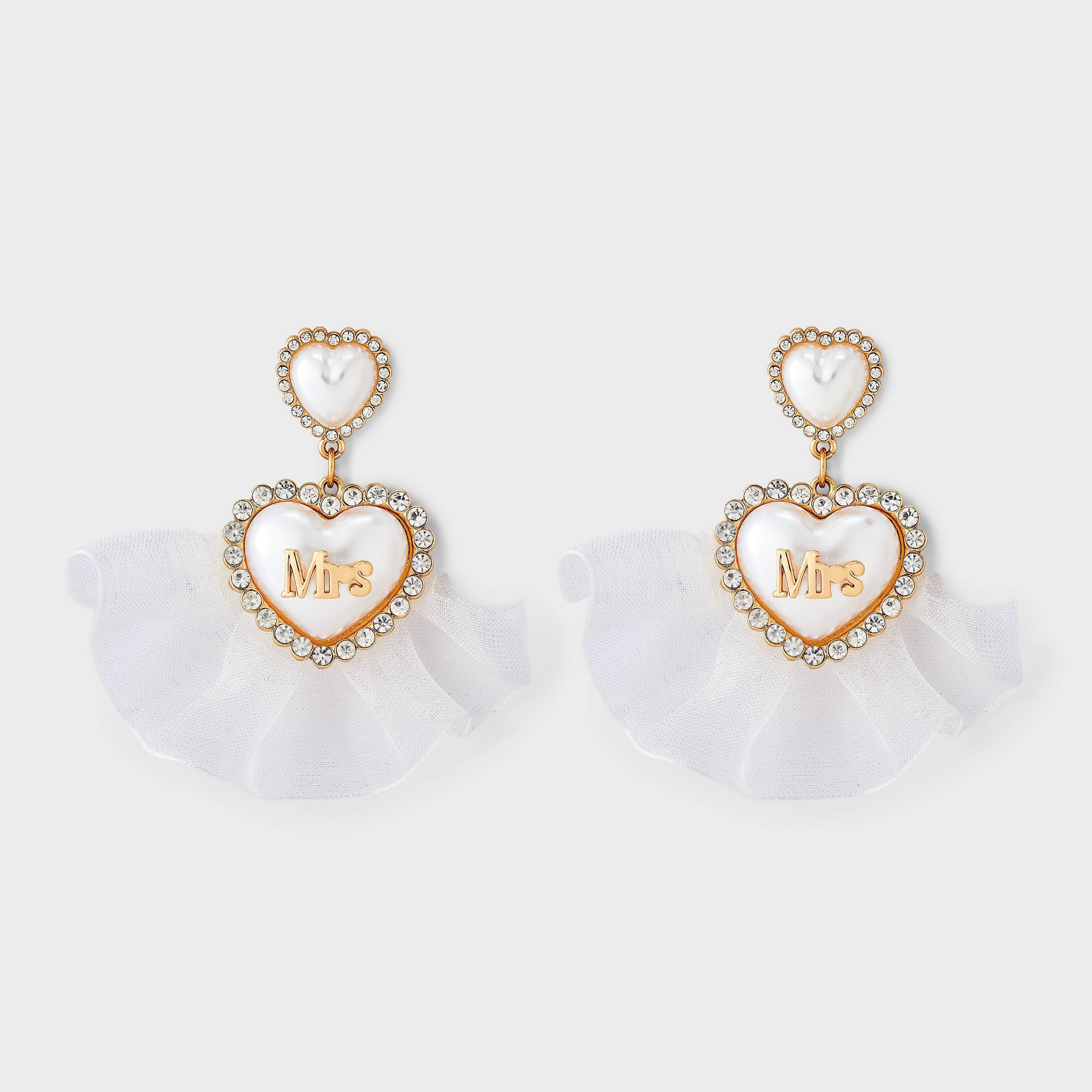 Bridal "Mrs" Heart Post Drop Earring with Tulle - White/Gold Pearl