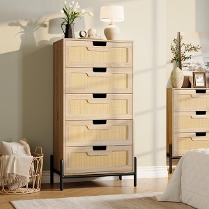 Rattan 5 Drawer Dresser for Bedroom, Modern Farmhouse Wooden Storage Cabinet with Legs, Mid Century Tall Drawer Dresser for Living Room, Entrance - 1 of 4