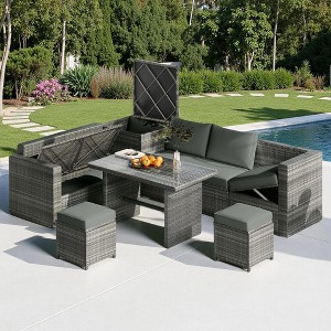 6-Piece Outdoor Rattan Modular Sectional Sofa Set with Adjustable Seat, Storage Box, and Dining Table - 1 of 4