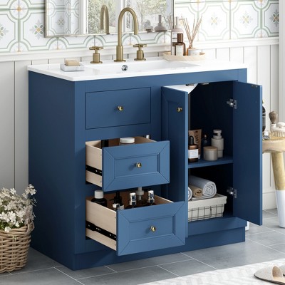 YOOCOZZ 36" Freestanding Bathroom Vanity with Ceramic Sink,2 Drawers, Shelf and MDF Board-Blue