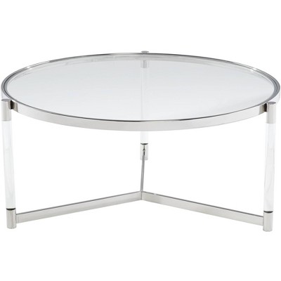 55 Downing Street Modern Glam Metal Acrylic Round Coffee Table 36" Wide Clear Silver Glass Top for Living Room Home House Bedroom