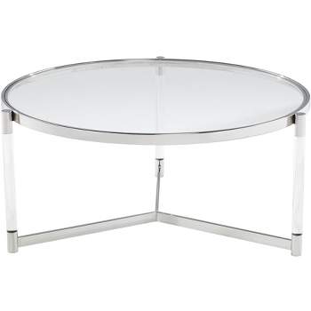 55 Downing Street Stefania Modern Metal Round Coffee Table 36" Wide Silver Glass Tabletop Clear Acrylic Legs for Living Room Bedroom Bedside Entryway