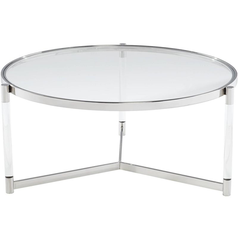 55 Downing Street Stefania Modern Metal Round Coffee Table 36" Wide Silver Glass Tabletop Clear Acrylic Legs for Living Room Bedroom Bedside Entryway, 1 of 9