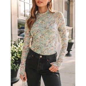 Women's Mock Neck Long Sleeve Mesh Print Blouse Sheer Panel T-Shirt Top - 1 of 3