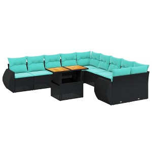 vidaXL 11 Piece Patio Sofa Set with Cushions Black Poly Rattan - Black 6x middle + Table + 2x corner - 1 of 4