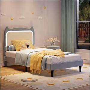 Velvet Upholstered Cat Headboard Platform Bed for Kid- Sturdy Wood Slats, No Box Spring Needed, App & Remote Contro - 1 of 4