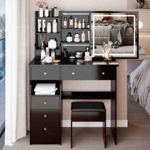 Syemin Vanity Tables Left Drawer Desktop Vanity Table with Cushioned Stool, Makeup Vanity with Drawer Bedroom Dressing Table, Black, 37"*15.7"*54" - 1 of 4