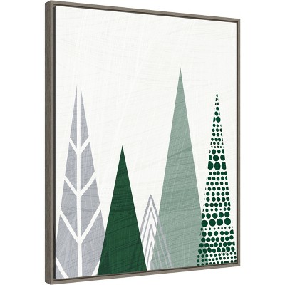 Geometric Evergreen Trees Green and Gray Canvas Framed Wall Art