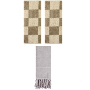 REGALWOVEN 3 Packs Checkered and Tassels Absorbent Soft Cotton Bathroom Hand Towel - 1 of 4