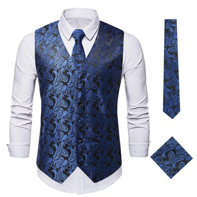 Mens Vest Tie Set Paisley Vest and Necktie Pocket Square 3pc Formal Dress Waistcoat for Suit or Tuxedo