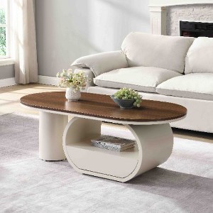 Sapphtopaz Luxury Industrial Oval Coffee Table with ith Storage Shelf & Drawer, Modern Coffee Table for Living Room – Sturdy Metal Frame Center Table - 1 of 4