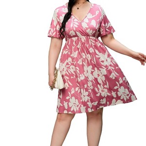 Clearlove Plus Size Dresses for Curvy Women Floral Sleeves Tiered Layers Casual Mini Dress with Pocket - 1 of 4