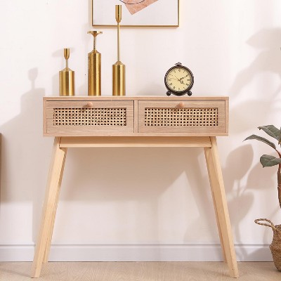 Angel Sar 31.5" Narrow Console Table with 2 Rattan Drawers, Modern Small Entryway Table, Wood