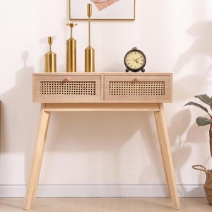 Angel Sar 31.5" Narrow Console Table with 2 Rattan Drawers, Modern Small Entryway Table, Wood - 1 of 4