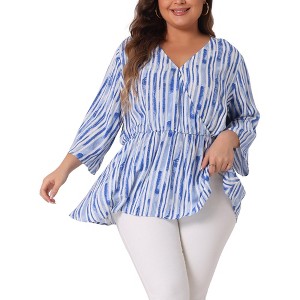 Agnes Orinda Women's Plus Size V Neck 3/4 Sleeve Boho Striped Peplum Babydoll Blouses - 1 of 4