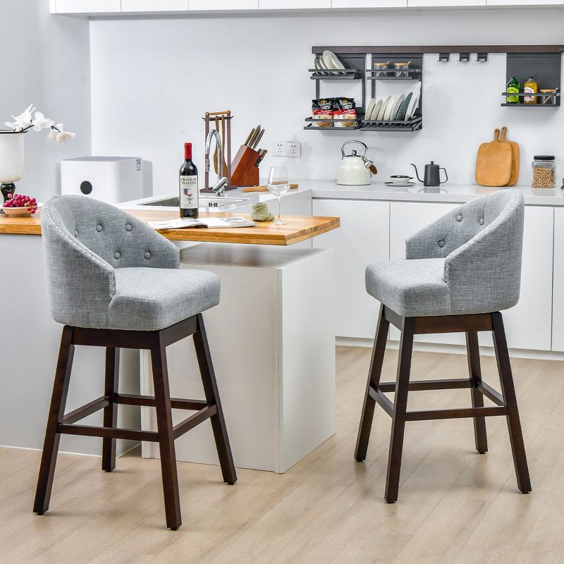 Costway Set of 2 Swivel Bar Stools Tufted Bar Height Pub Chairs with Rubber Wood Legs Grey/Beige, 2 of 10