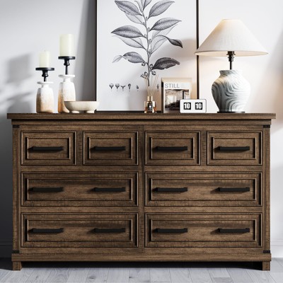 Farmhouse 8 Drawer Dresser for Bedroom,55" Wide Wood Rustic Chest of Drawers with Natural Texture