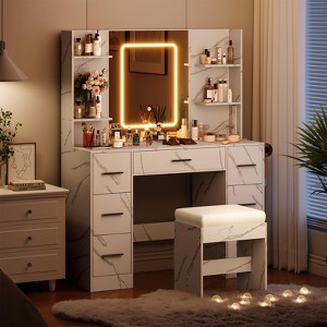 Vanity Desk with Mirror, Light, Chiar and Power Outlet, Makeup Table with 7 Drawers, 3 Lighting Modes Brightness - 1 of 4
