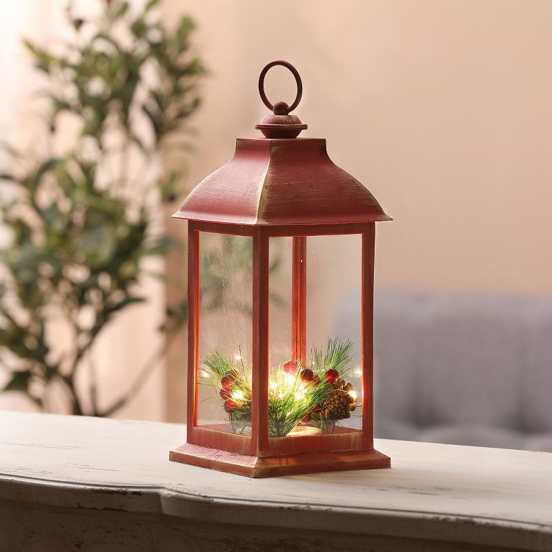 LuxenHome Lighted Christmas Holiday Berry and Pine Cone Rustic Red Lantern, 2 of 6